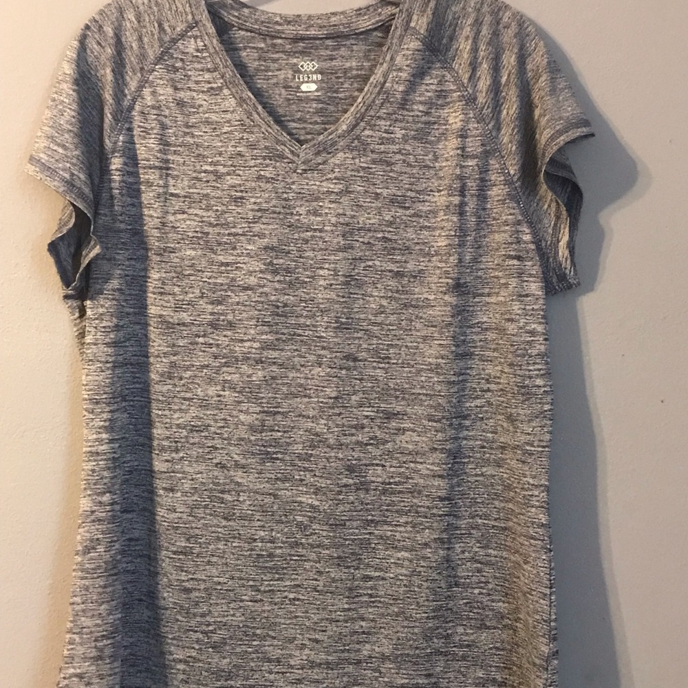 Blue workout shirt.